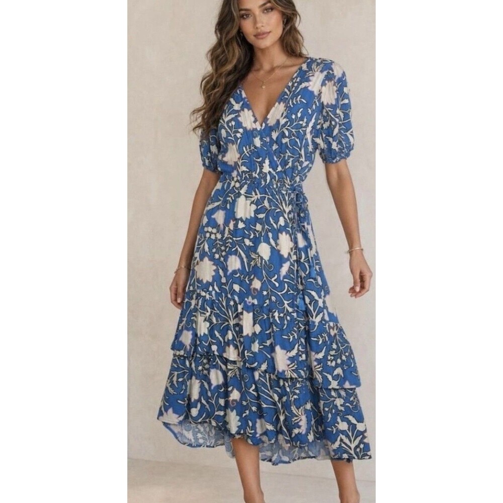 KNOX ROSE Women Size L Blue Floral Wrap Midi Dress Puff Sleeve Ruffle Hem Boho